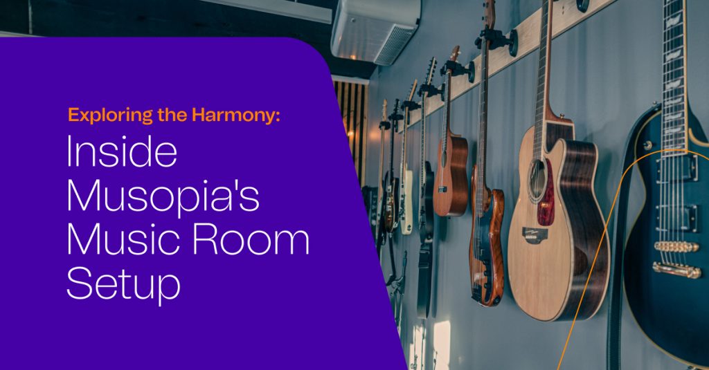 Exploring the Harmony: Inside Musopia's Music Room Setup. Guitars hanging in the Musopia music room.